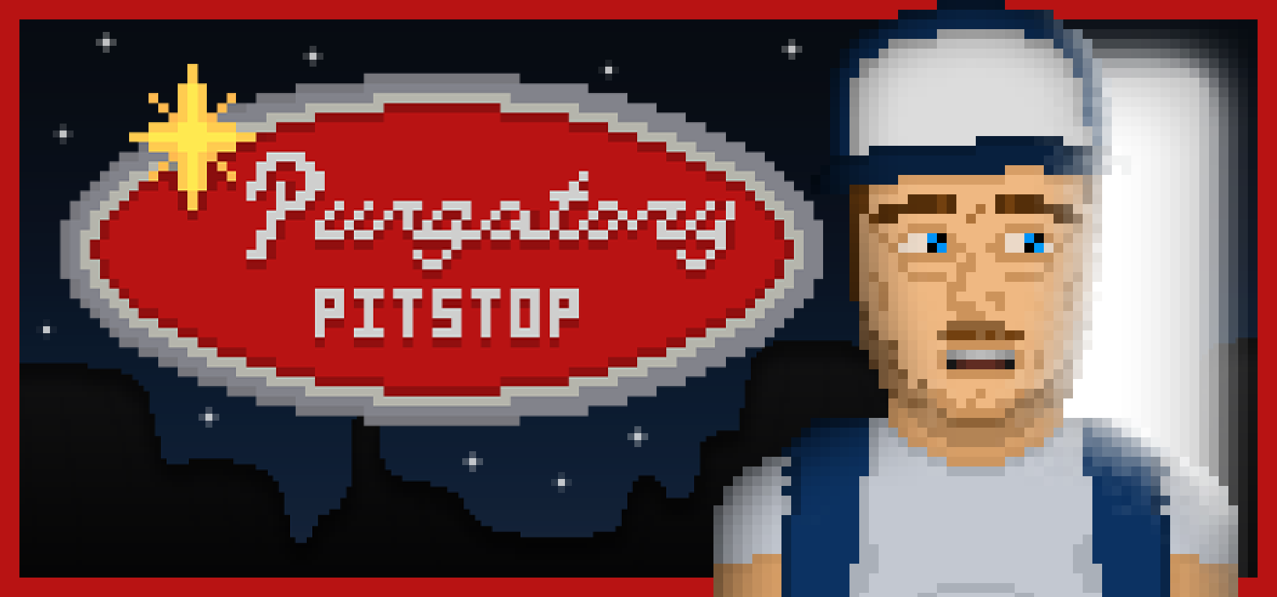 Purgatory Pitstop key art: the game's logo beside a main character.